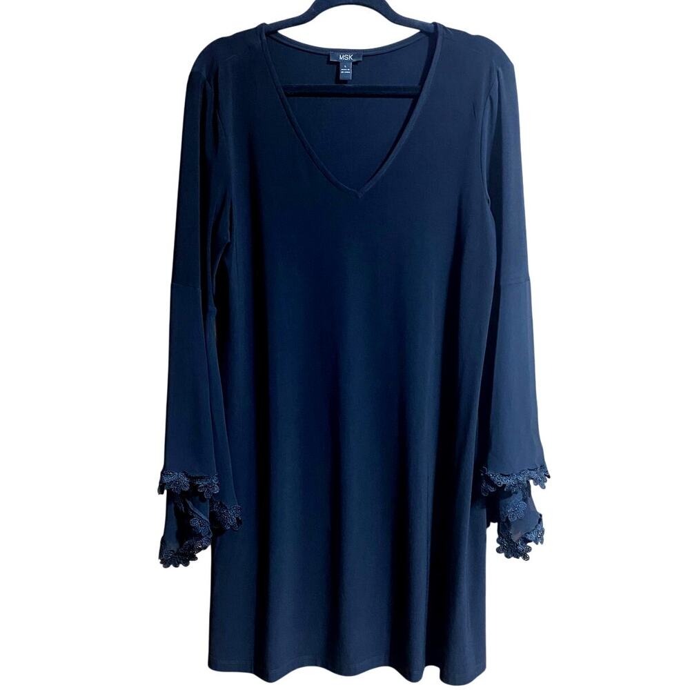 MSK Dress Large Sheer Long Sleeves Lightweight Knee Length Velvet Crew Neck